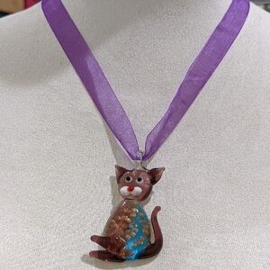 Purple Cat Glass Blown Pendant Necklace